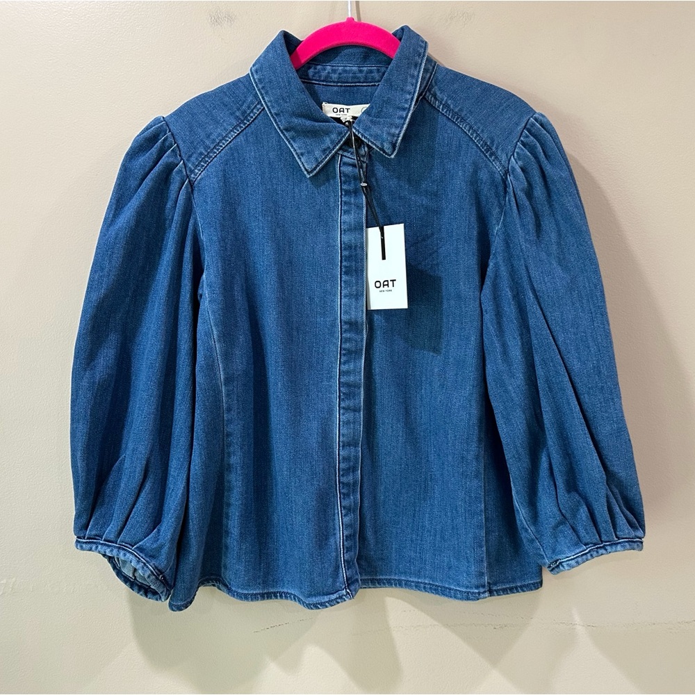 NWT OAT New York Blue Puff Sleeve Denim Button Down Crop Top Shirt Women's L